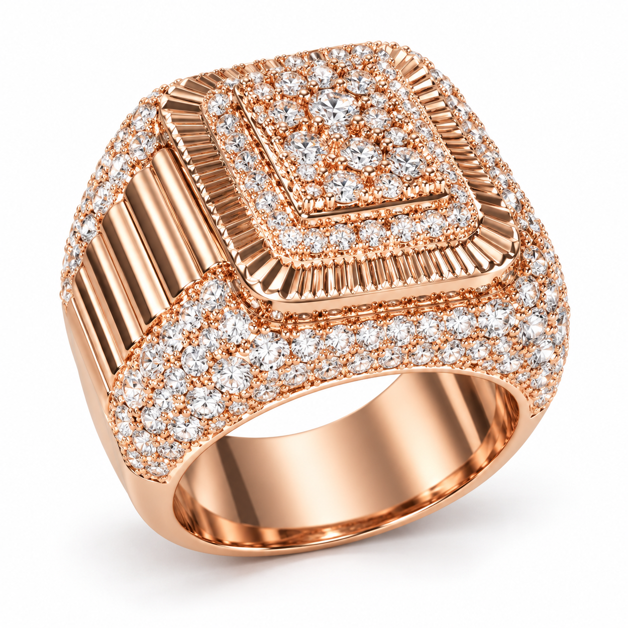 Square Cluster Fluted Frame Iced Out Hip Hop Statement Ring