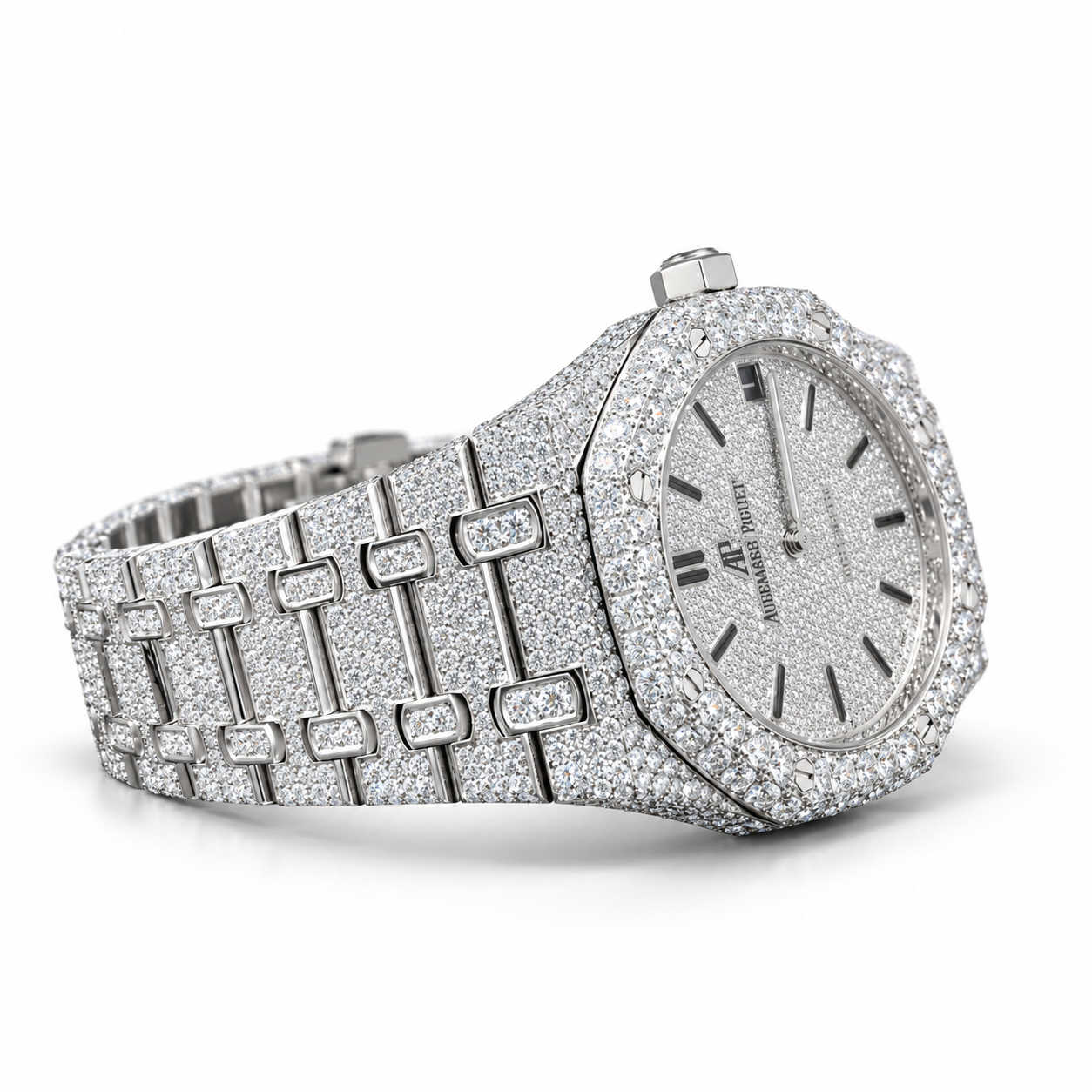 Iced Out Octagonal Date Dial Silver-Tone Watch – Custom Diamond Statement Watch