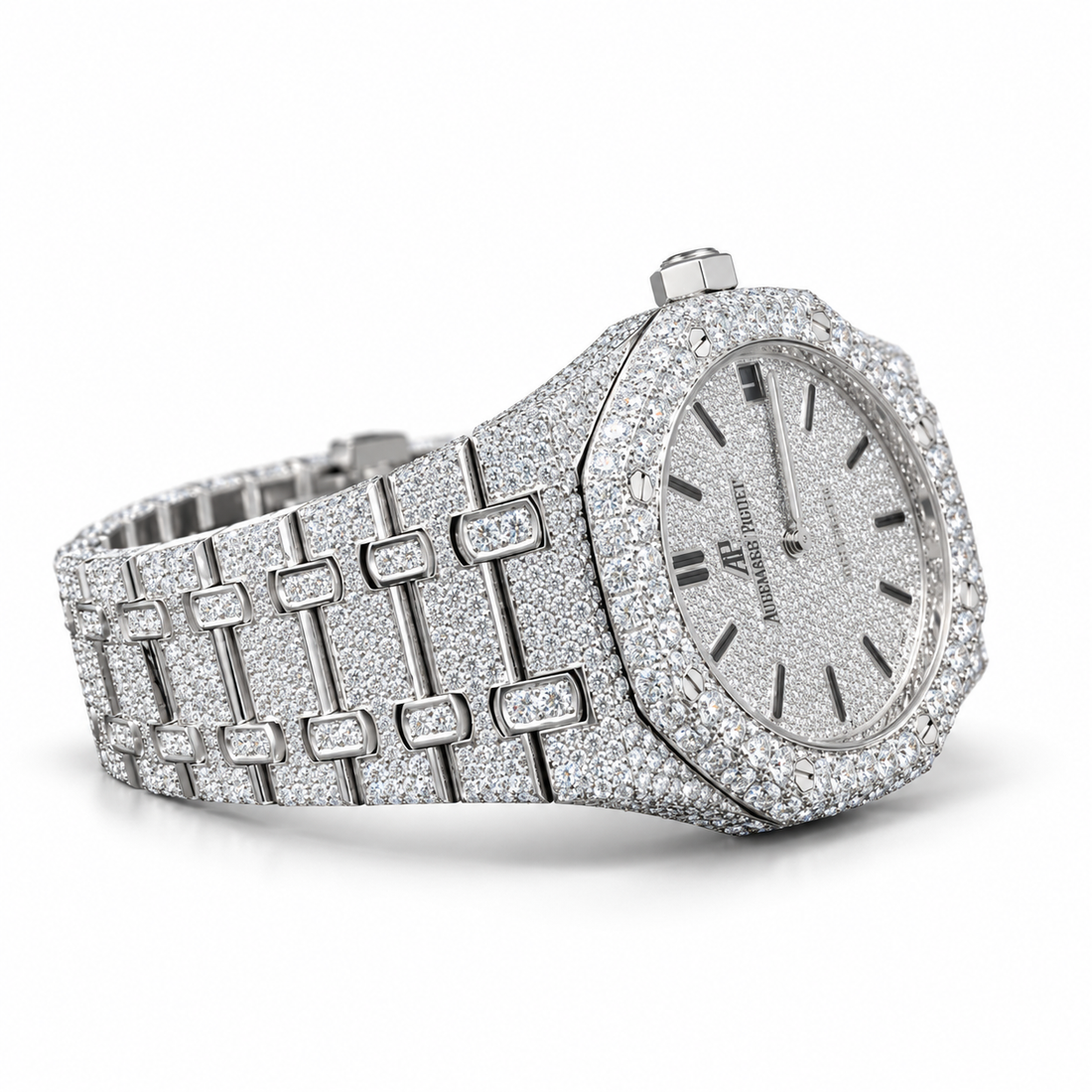 Iced Out Octagonal Date Dial Silver-Tone Watch – Custom Diamond Statement Watch