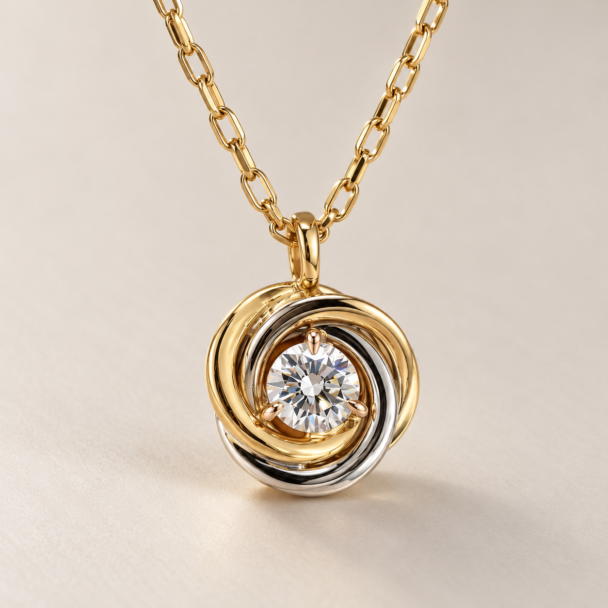 Two Tone Round Cut Solitaire Swirl Gold Pendant Necklace