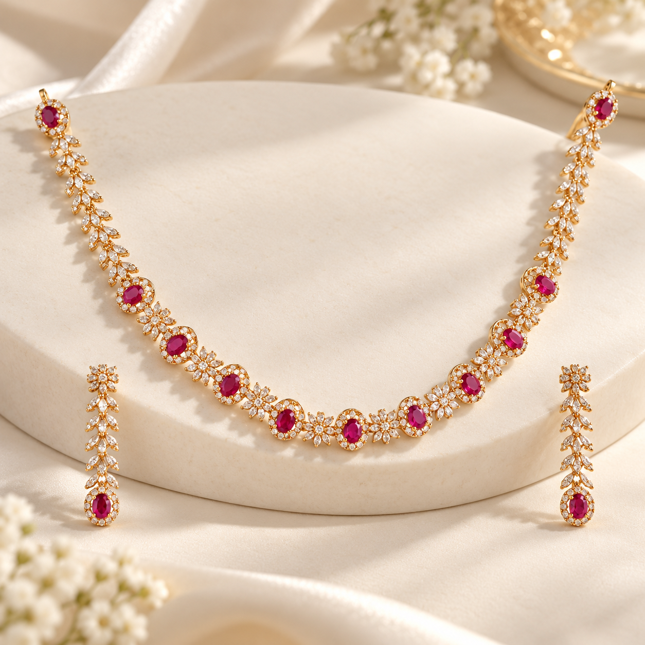 Ruby Pink Oval Cut Halo Yellow Gold Bridal Necklace & Earrings Set
