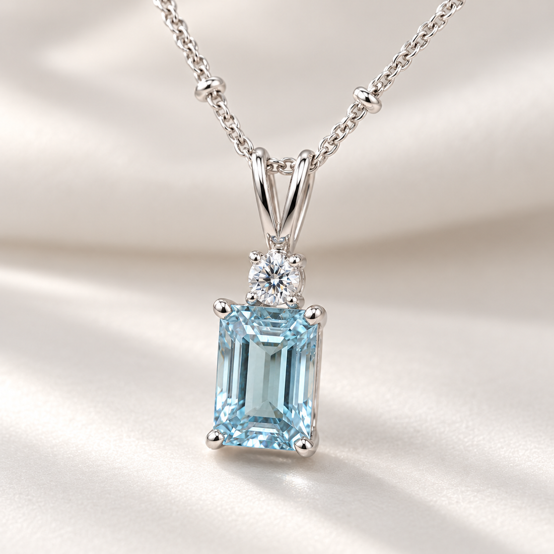 Emerald Cut Light Blue Stone White Gold Pendant Necklace