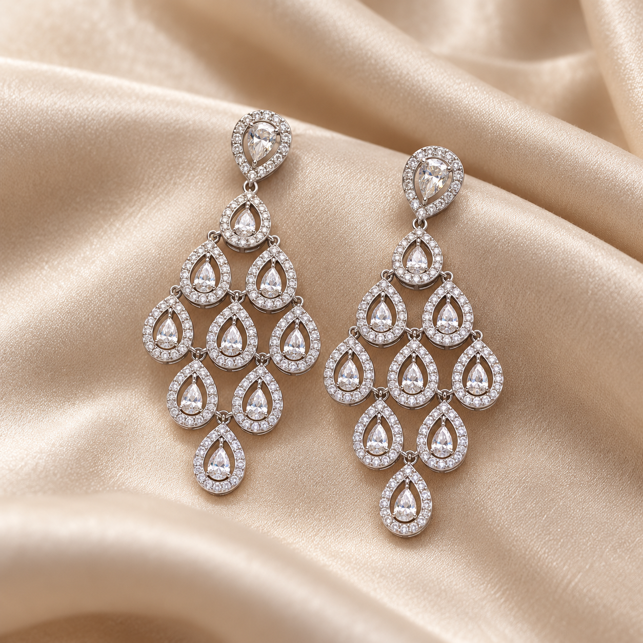 Pear-Shaped Pavé Teardrop Chandelier Earrings in White Gold Tone