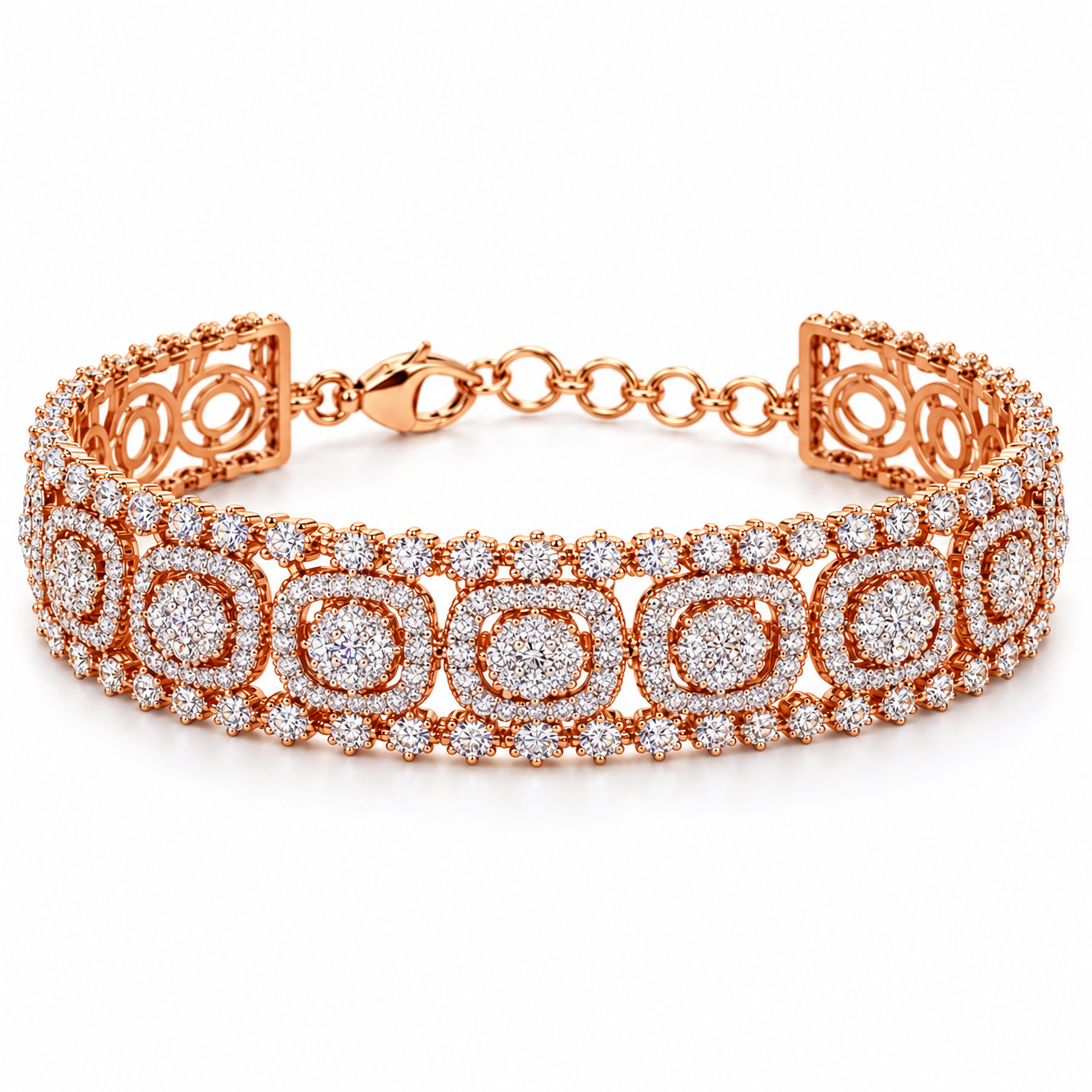 Rose Gold-Tone Cushion Halo Cluster Wide Bracelet