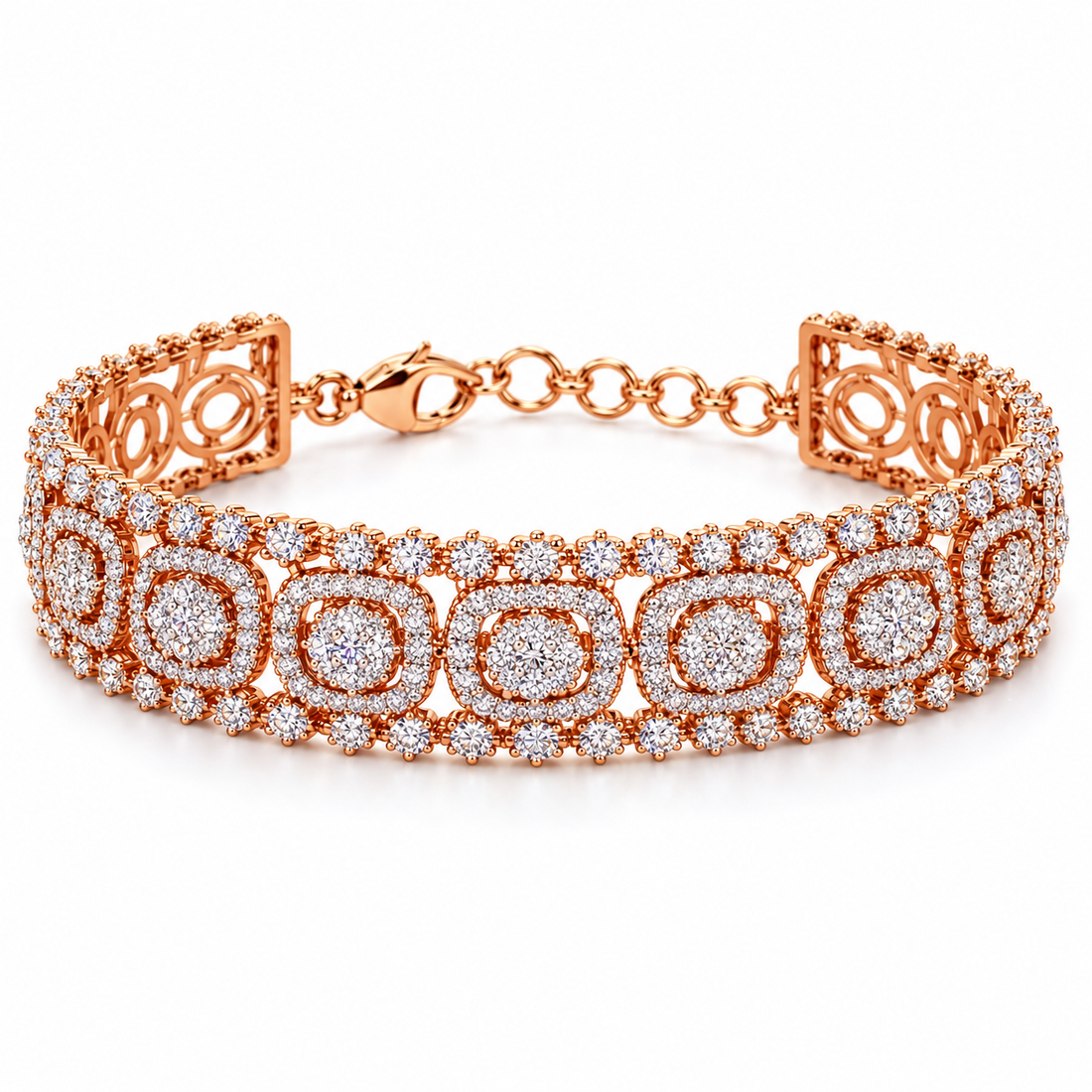 Rose Gold-Tone Cushion Halo Cluster Wide Bracelet