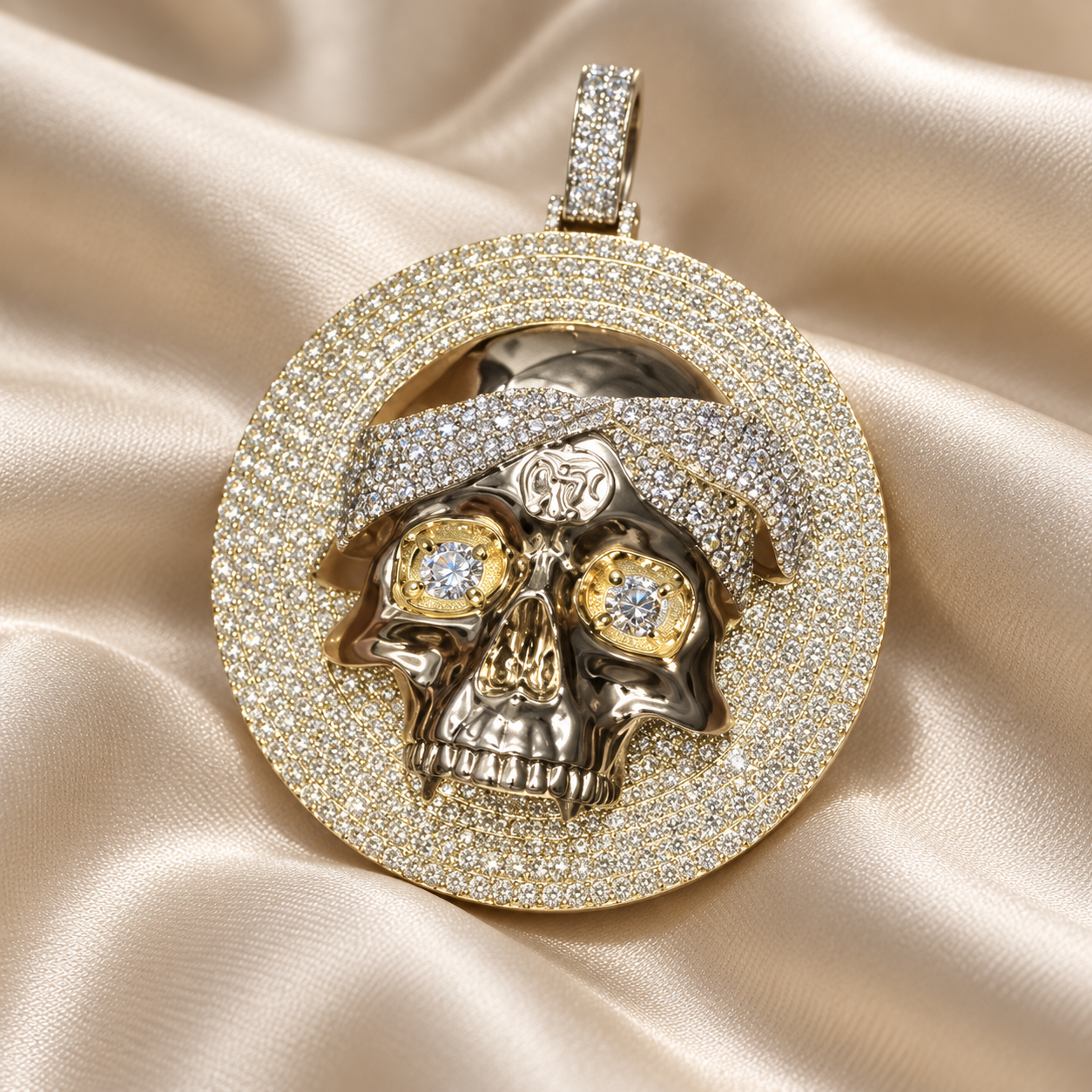 Pirate Skull Round Pavé Pendant with Two-Tone Detailing and Clear Stone Eyes