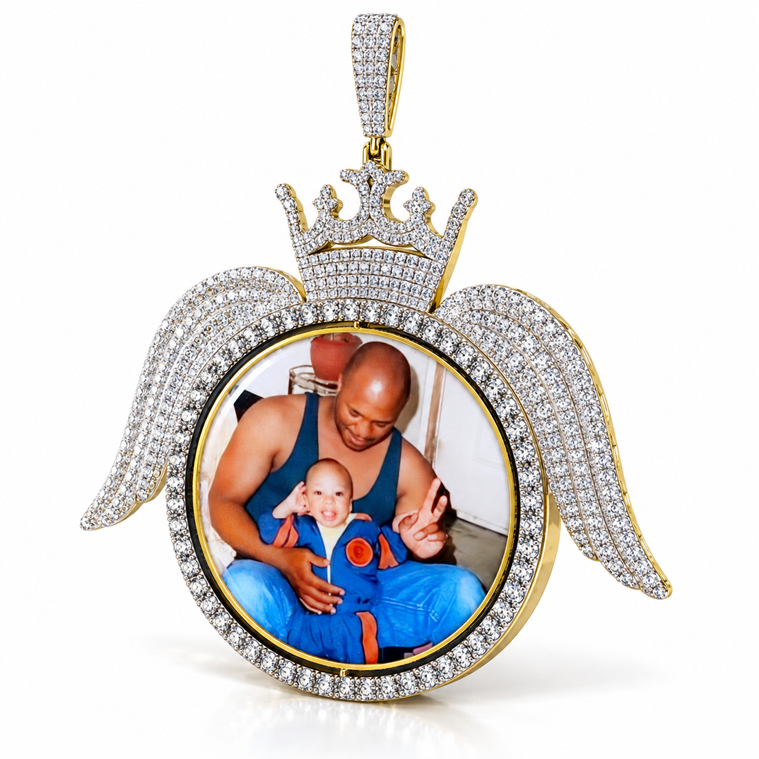 Custom Crown Angel Wings Photo Pendant – Two Tone Iced Out Hip Hop Jewelry