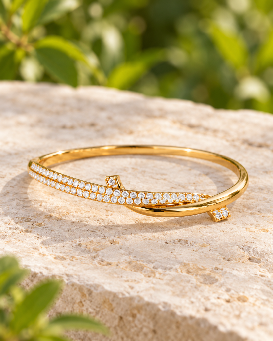 Yellow Gold Tone Pavé Crossover Bangle Bracelet