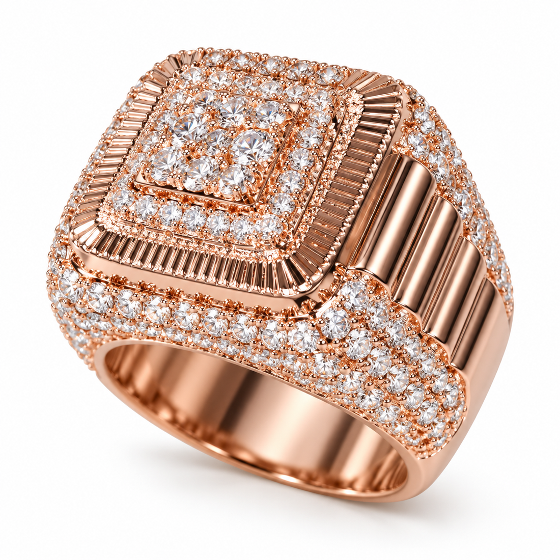 Square Cluster Fluted Frame Iced Out Hip Hop Statement Ring