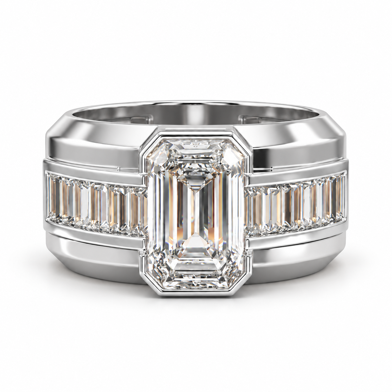 Emerald Cut Center Stone & Baguette Two-Tone Wide Band Ring
