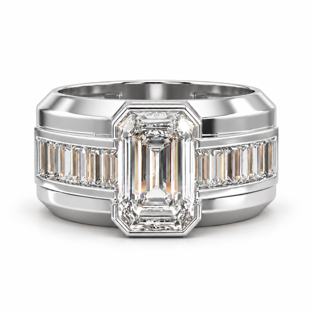 Emerald Cut Center Stone & Baguette Two-Tone Wide Band Ring