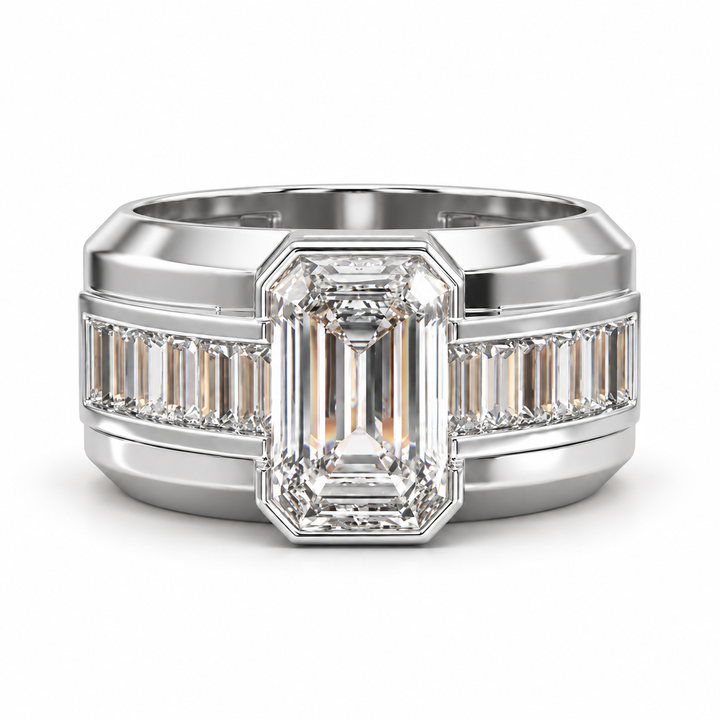 Emerald Cut Center Stone & Baguette Two-Tone Wide Band Ring
