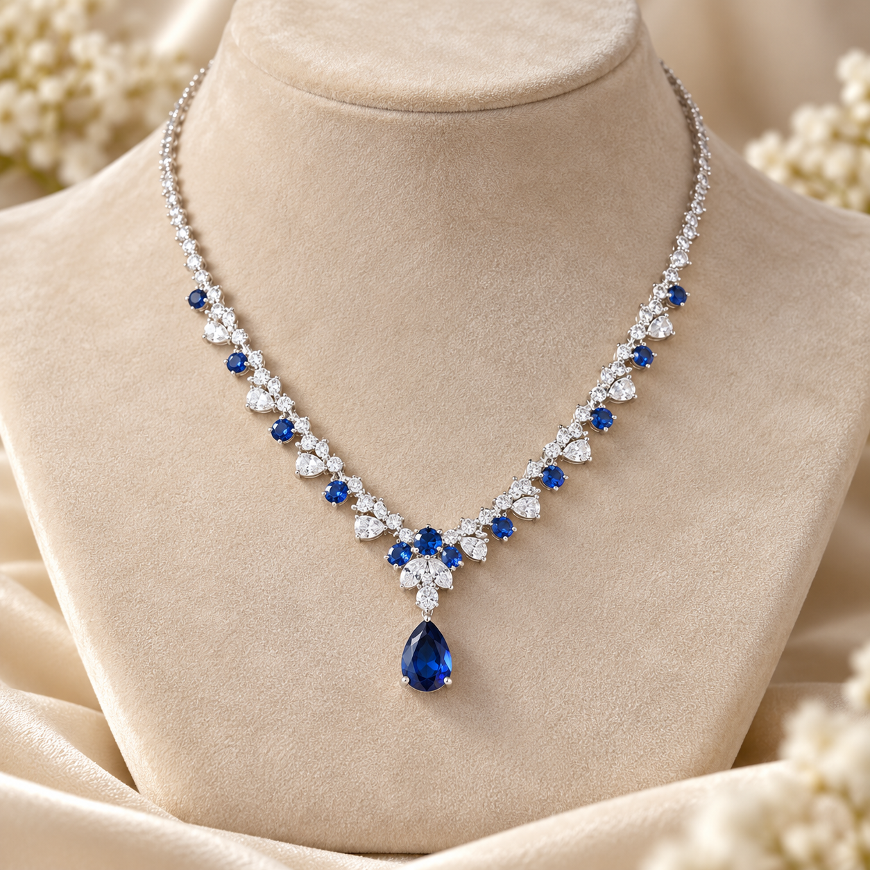 Blue Pear Drop Round Cut White Gold Tennis Necklace
