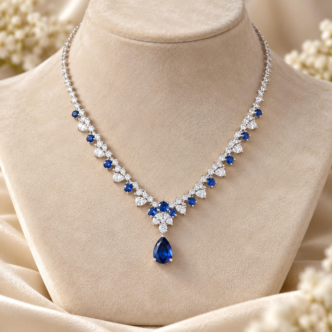 Blue Pear Drop Round Cut White Gold Tennis Necklace