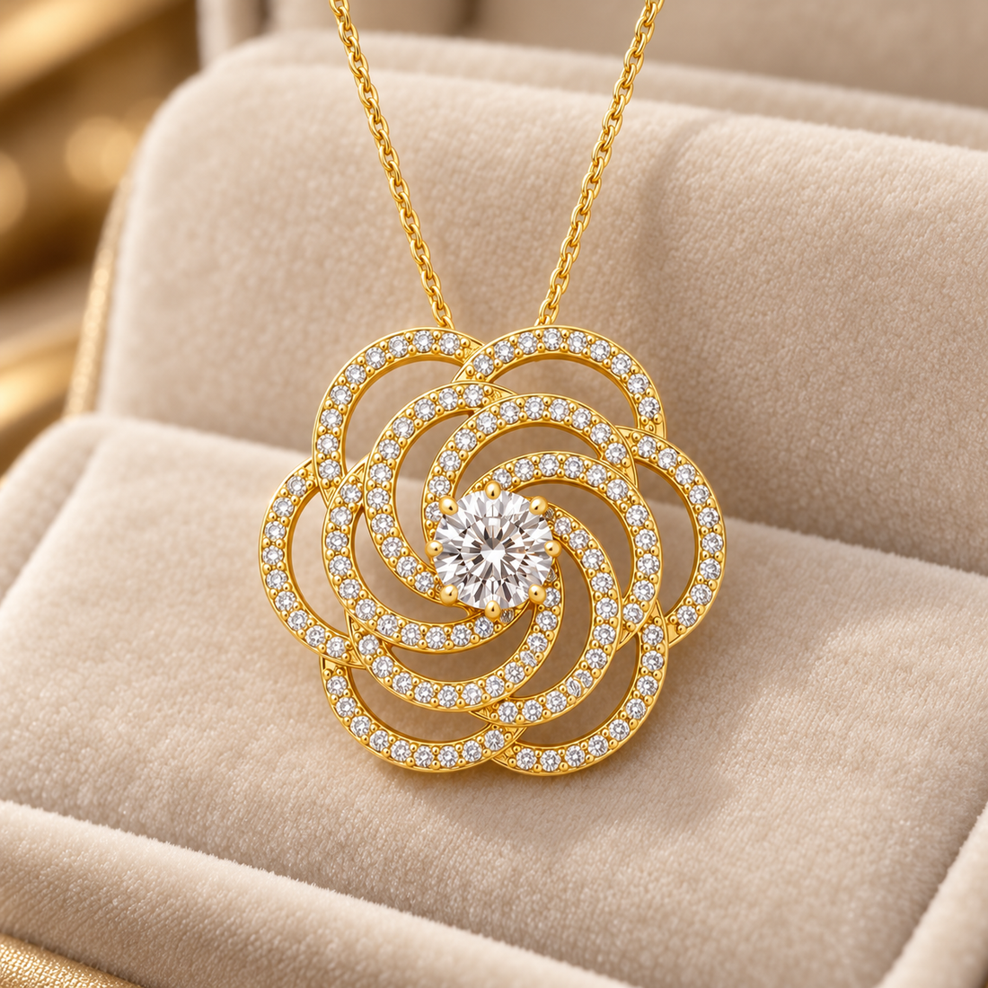 Round Cut Pavé Swirl Flower Yellow Gold Pendant Necklace