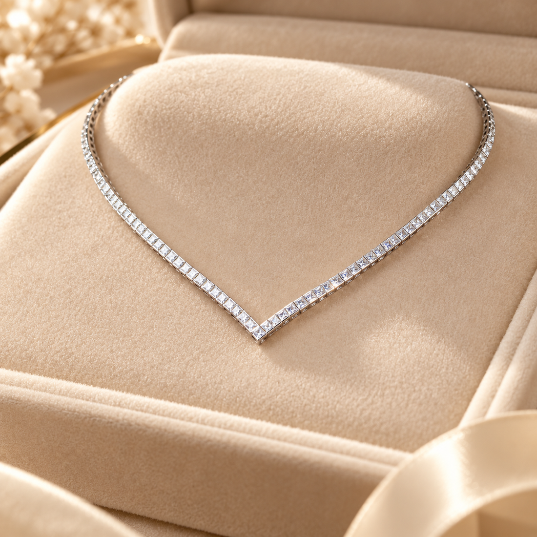 Princess Cut V-Shaped White Gold Tennis Necklace