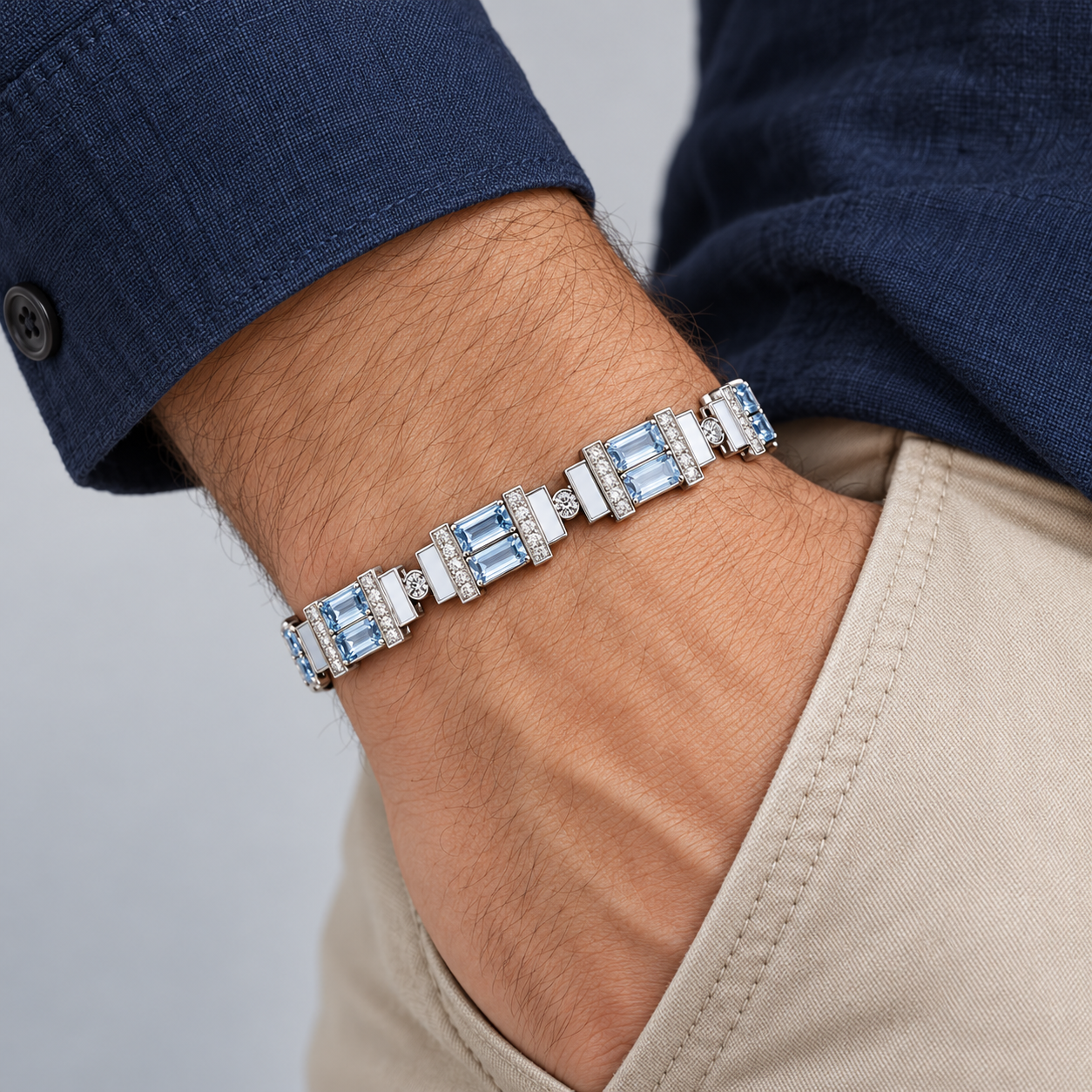 Silver-Tone Light Blue Emerald-Cut Double-Stone Geometric Link Bracelet