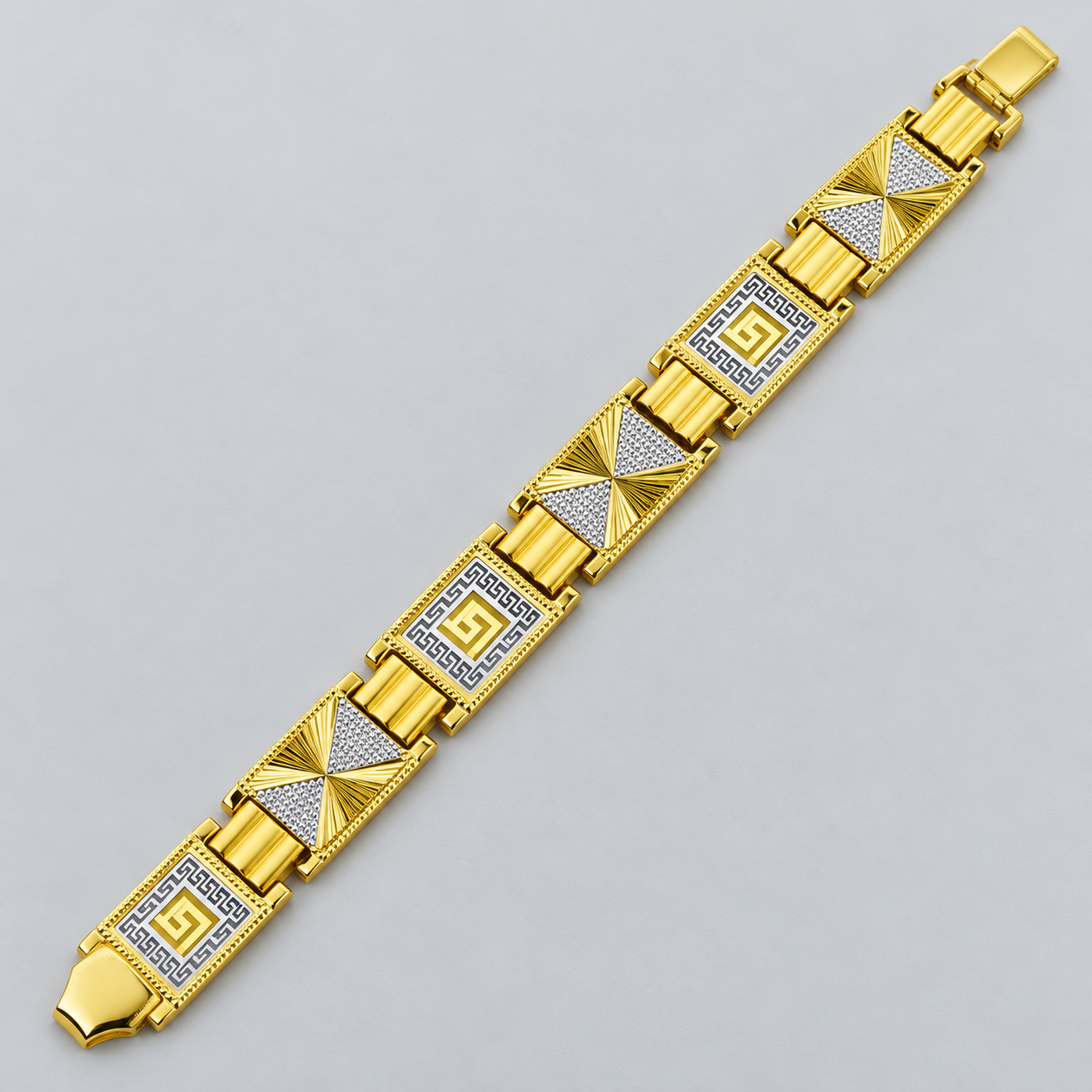 Gold-Tone Greek Key and Pavé Pinwheel Panel Link Bracelet