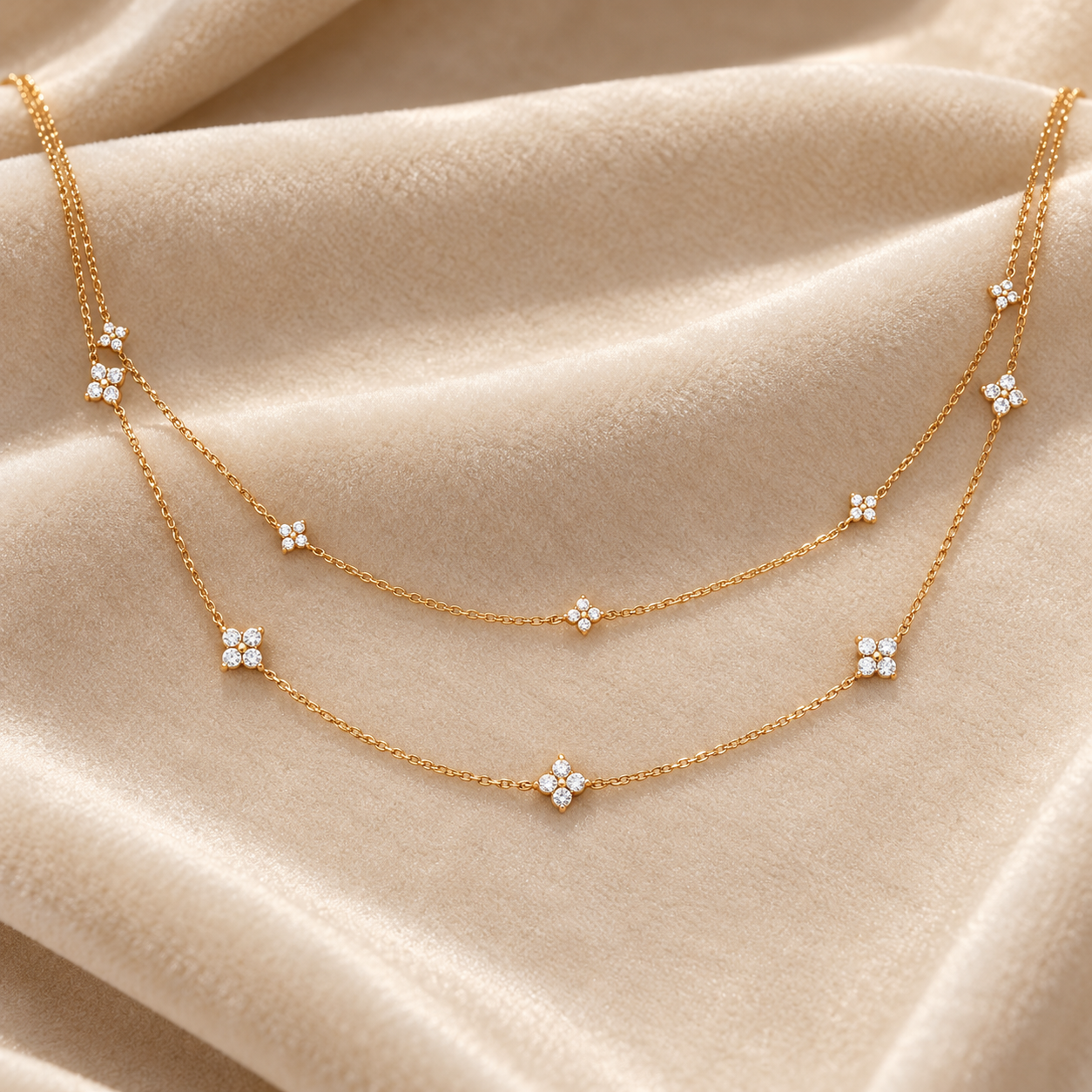 Double Layer Four Petal Clover Yellow Gold Station Necklace