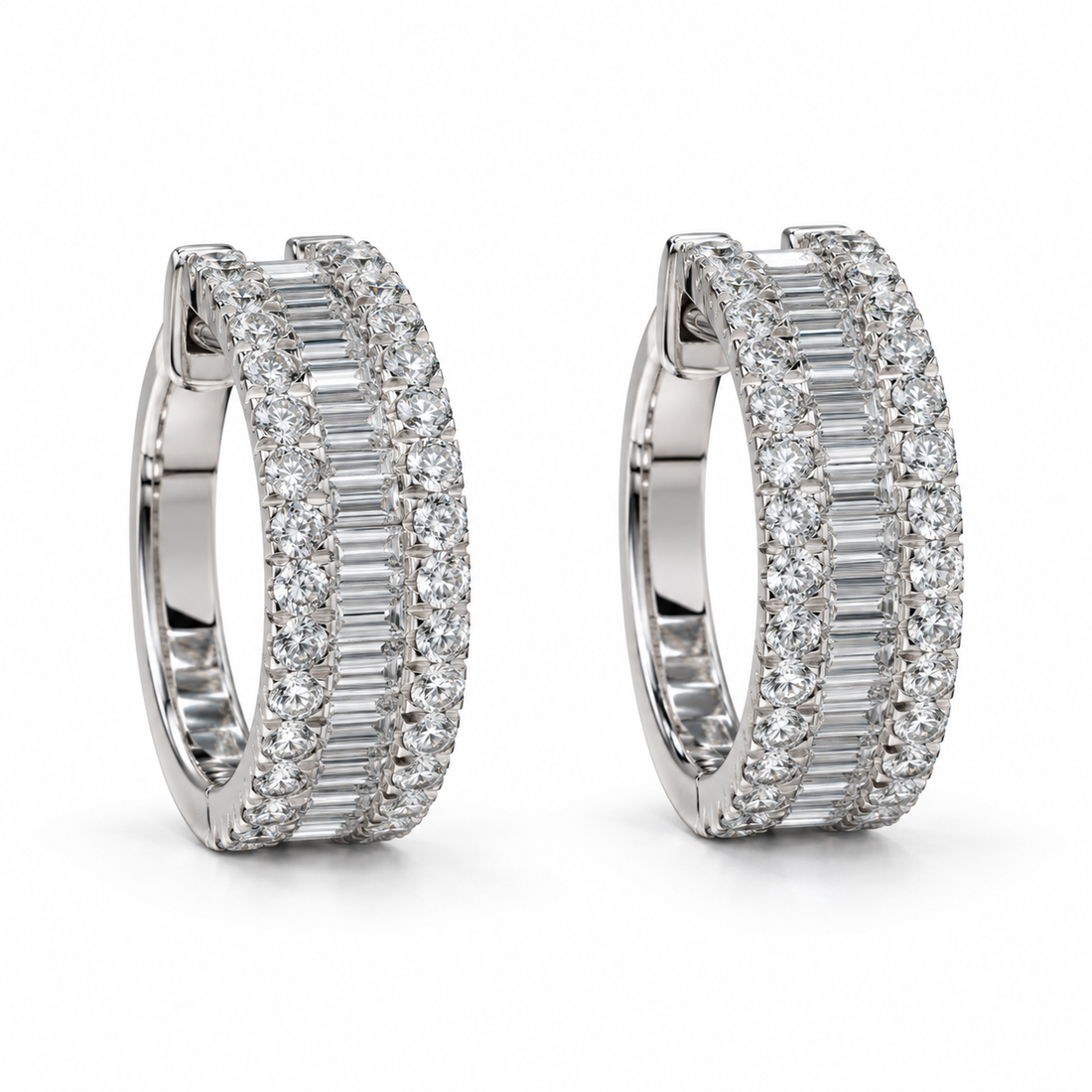 Baguette & Round Stone Three Row White Gold-Tone Bali Hoop Earrings – Custom Iced Out Jewelry