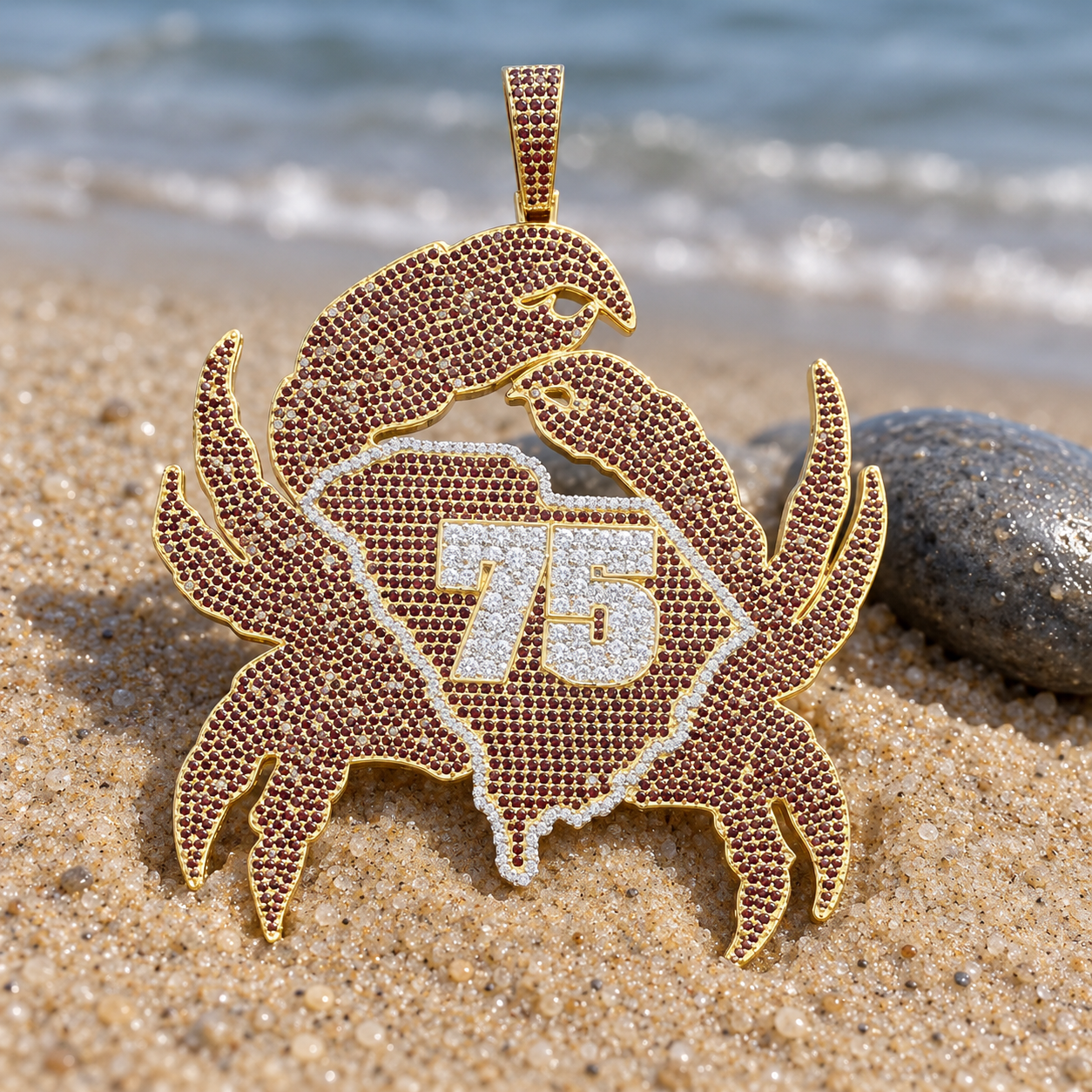 Crab Yellow Gold-Tone Pavé Pendant with Burgundy Stones, South Carolina Outline and 75 Number