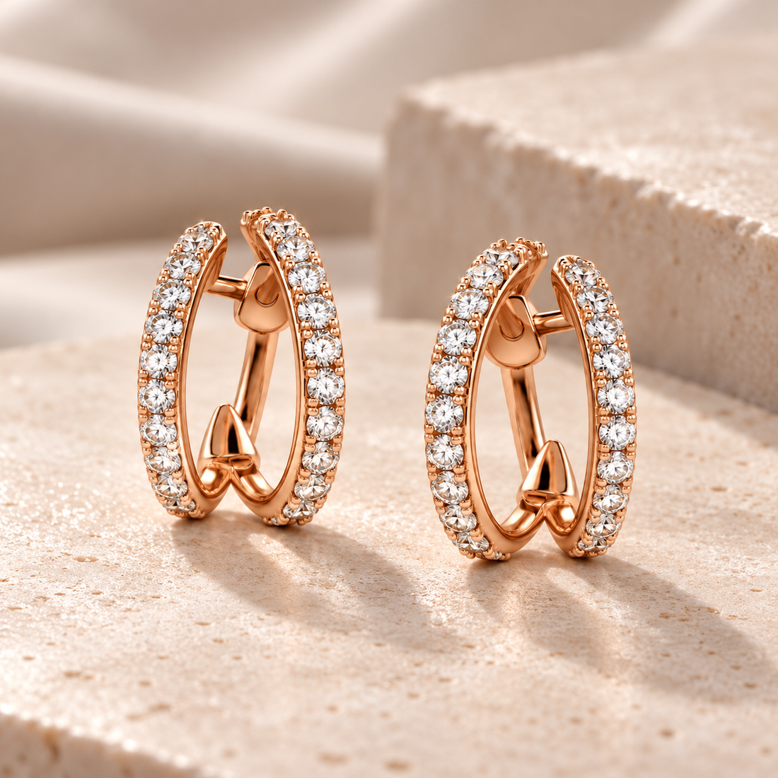 Round Stone Double Hoop Earrings in Rose Gold Tone
