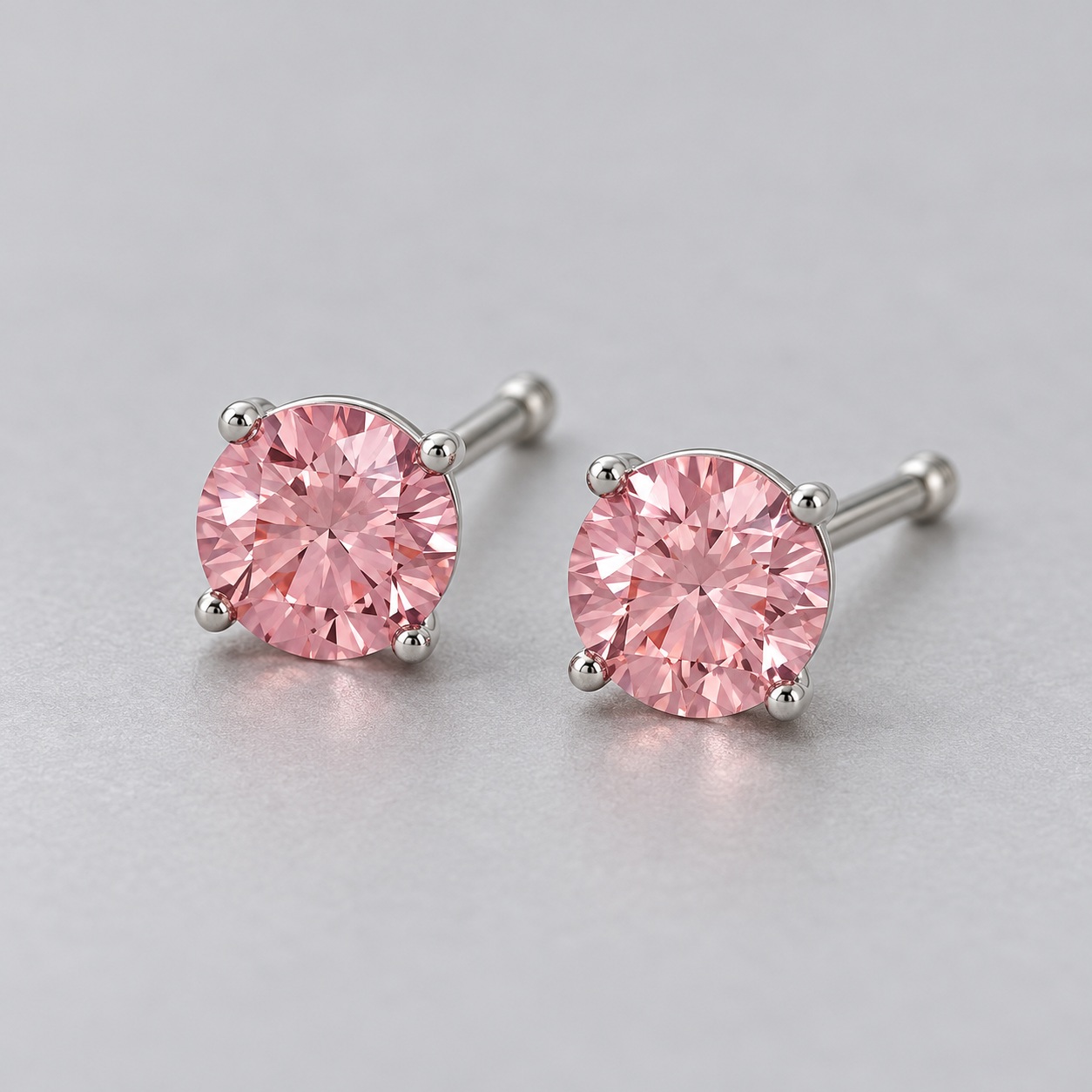Pink Round Solitaire Stud Earrings in White Gold Tone