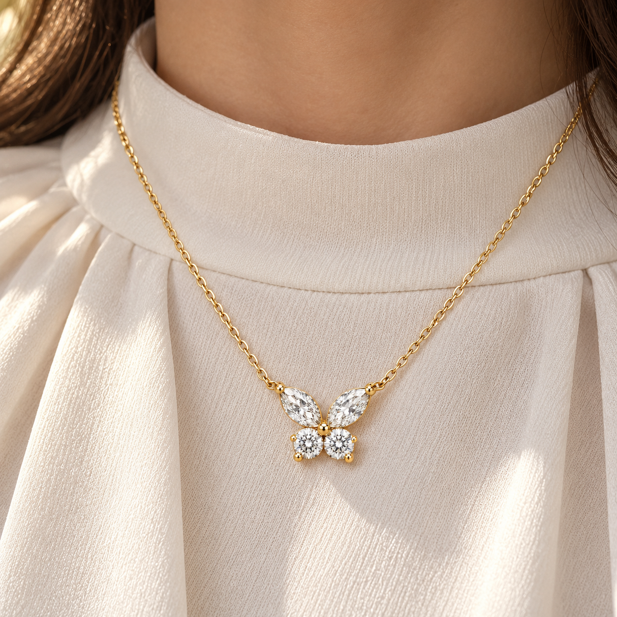 Marquise & Round Cut Butterfly Yellow Gold Necklace