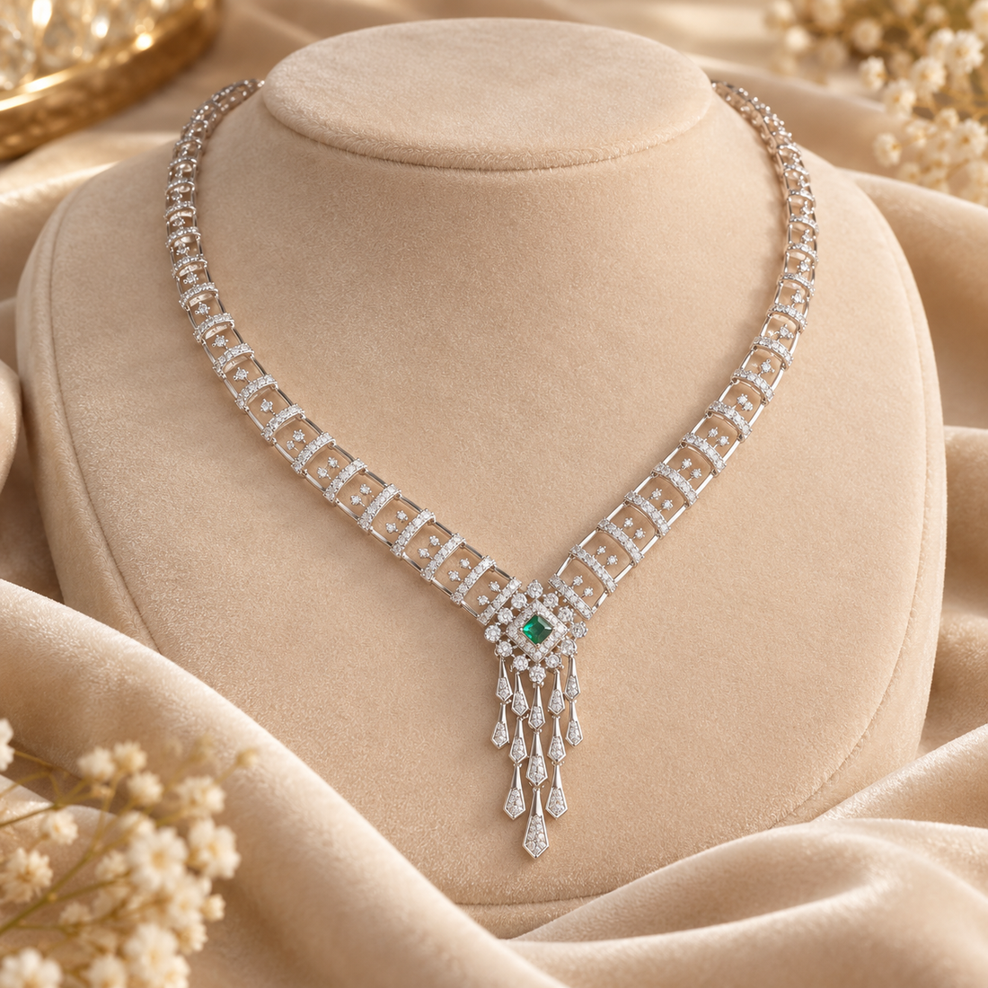 Green Princess Cut Diamond Fringe White Gold Statement Necklace