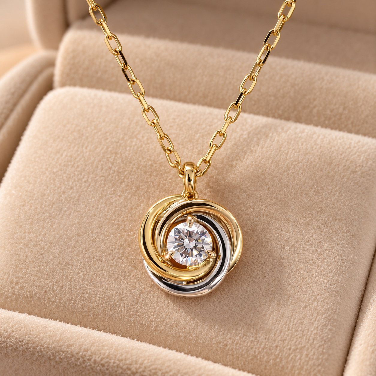 Two Tone Round Cut Solitaire Swirl Gold Pendant Necklace