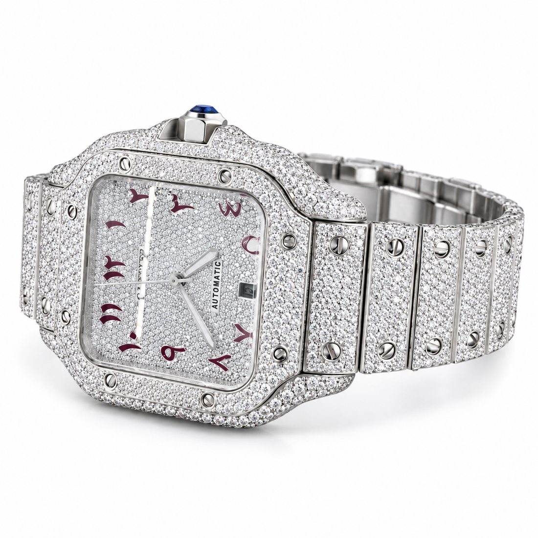 Iced Out Square Arabic Numeral Silver-Tone Watch – Custom diamond Statement Watch