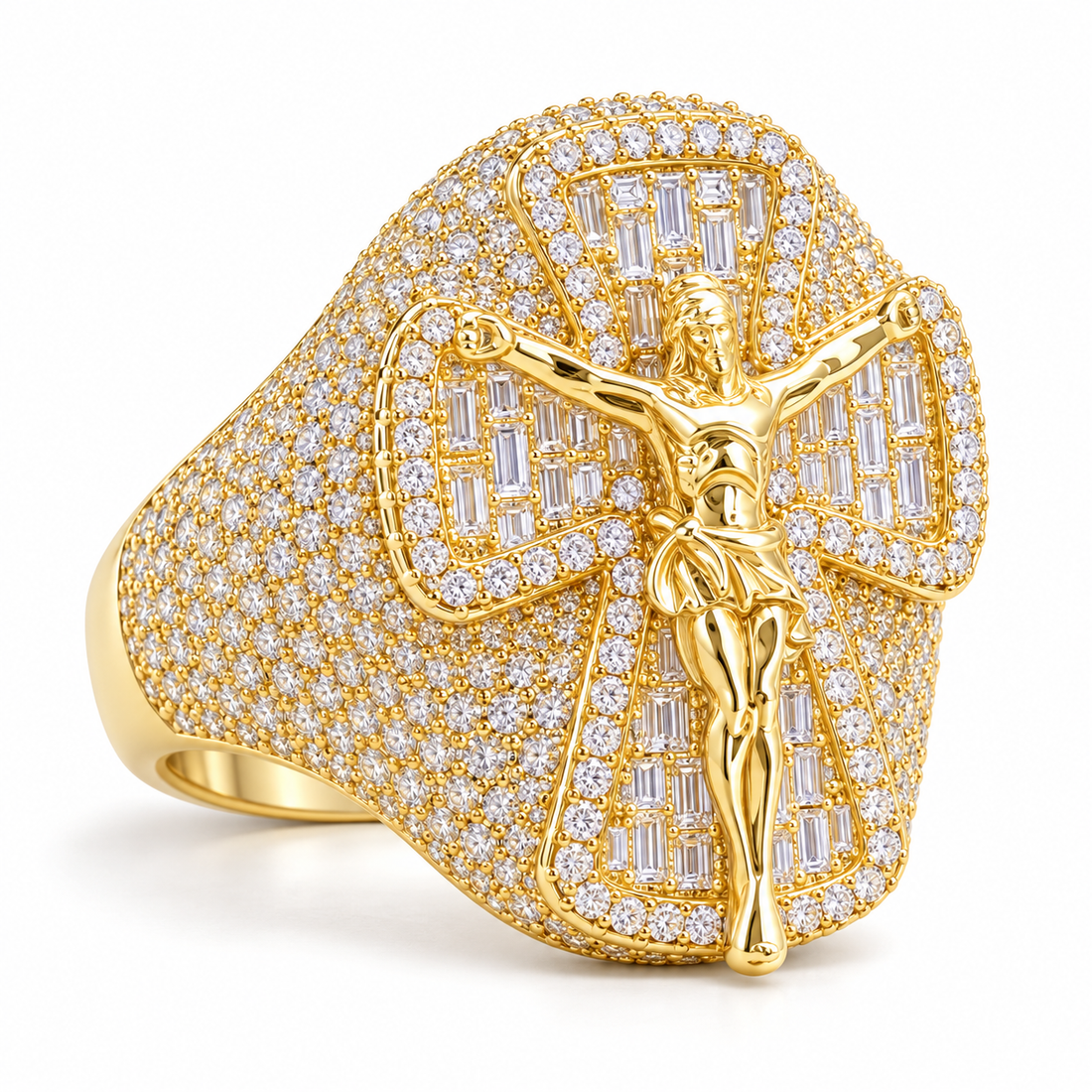 Jesus Crucifix Baguette Cross Iced Out Hip Hop Statement Ring