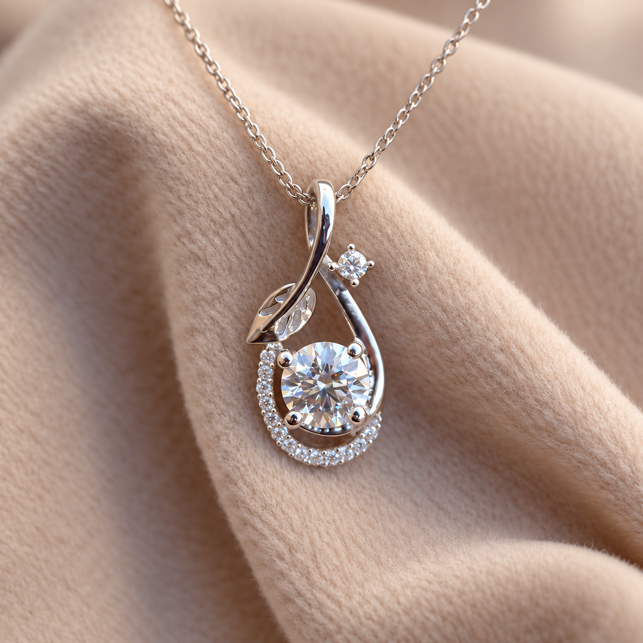 Round Cut Solitaire Leaf Swirl White Gold Pendant Necklace