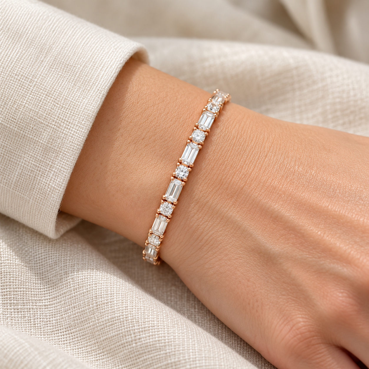 Alternating Emerald and Princess-Cut Rose Gold-Tone Tennis Bracelet