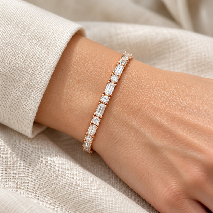 Alternating Emerald and Princess-Cut Rose Gold-Tone Tennis Bracelet
