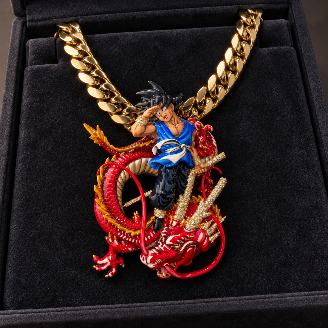 Anime Warrior and Red Dragon Pendant with Multicolor Detailing and Gold-Tone Stone Accents