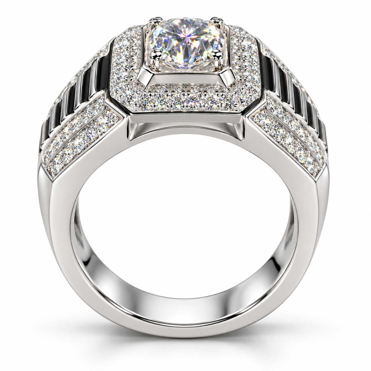Round Center Octagonal Halo White Metal Ring with Ribbed Shoulders
