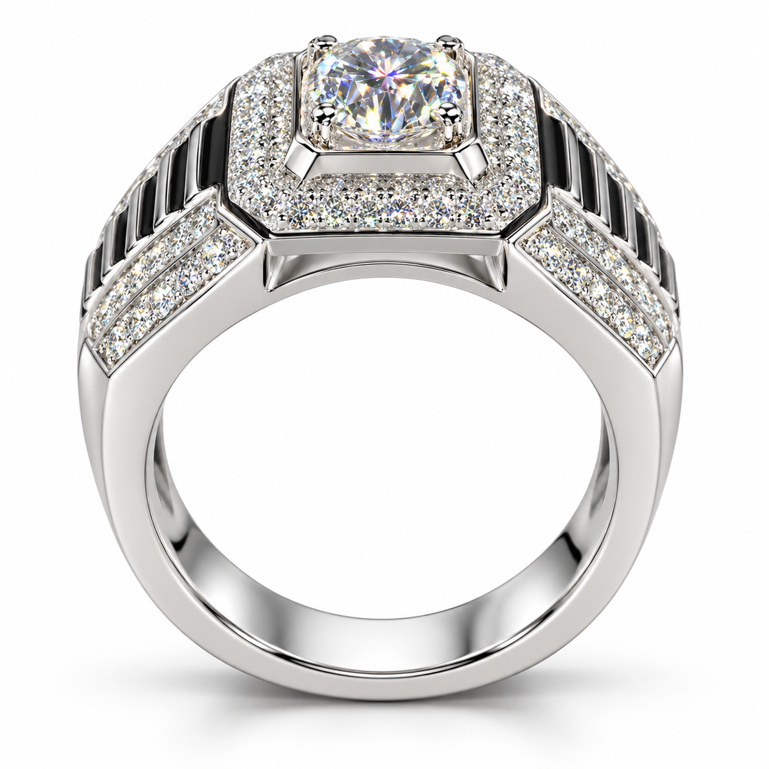 Round Center Octagonal Halo White Metal Ring with Ribbed Shoulders