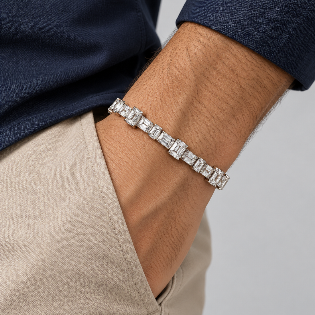 Silver-Tone Alternating Emerald-Cut and Baguette Stone Tennis Bracelet