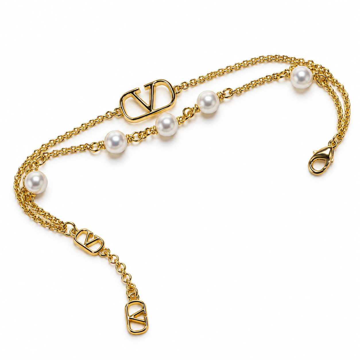 White Pearl Double-Strand Yellow Gold-Tone V Motif Bracelet