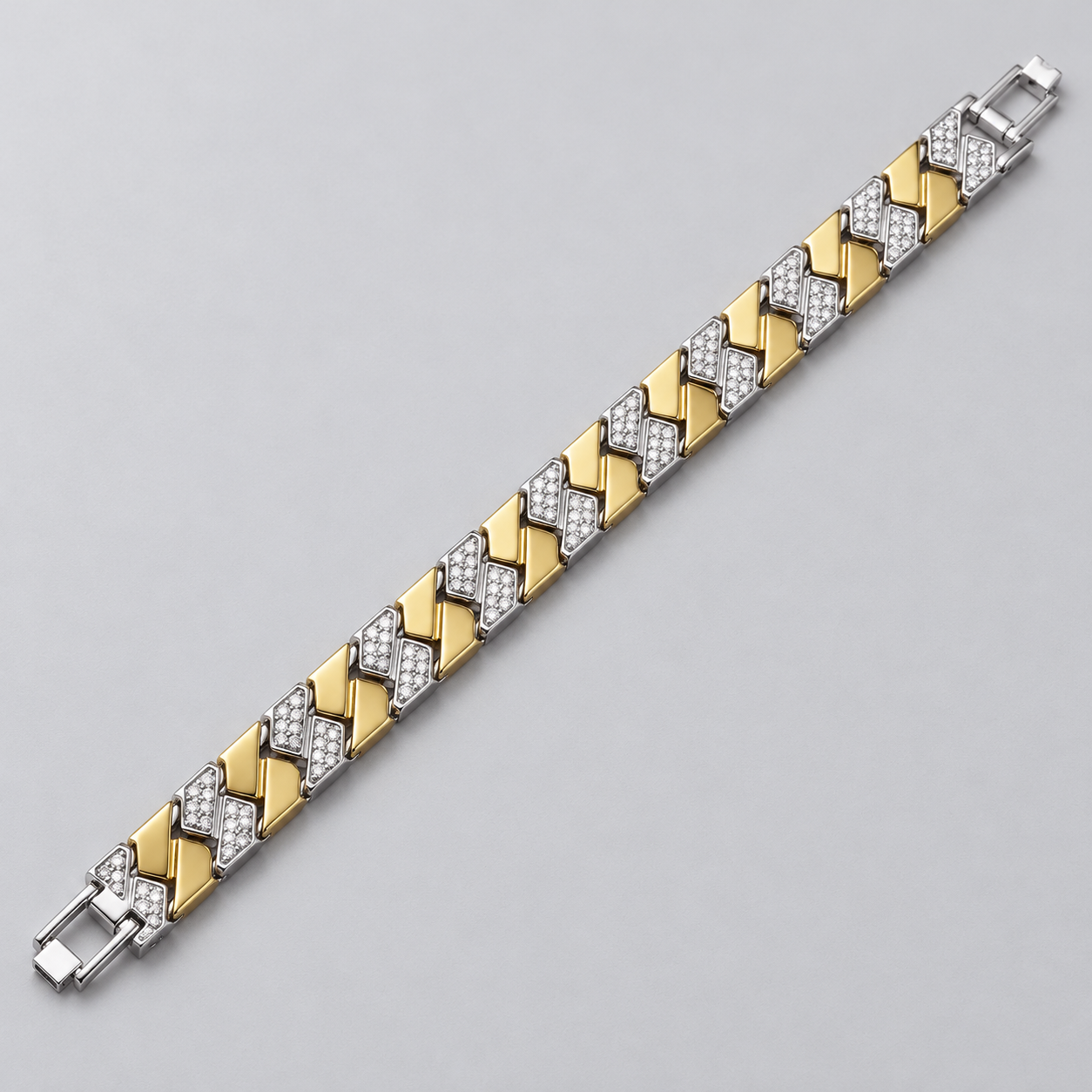 Two-Tone Yellow Gold and Silver-Tone Geometric Pavé Link Bracelet