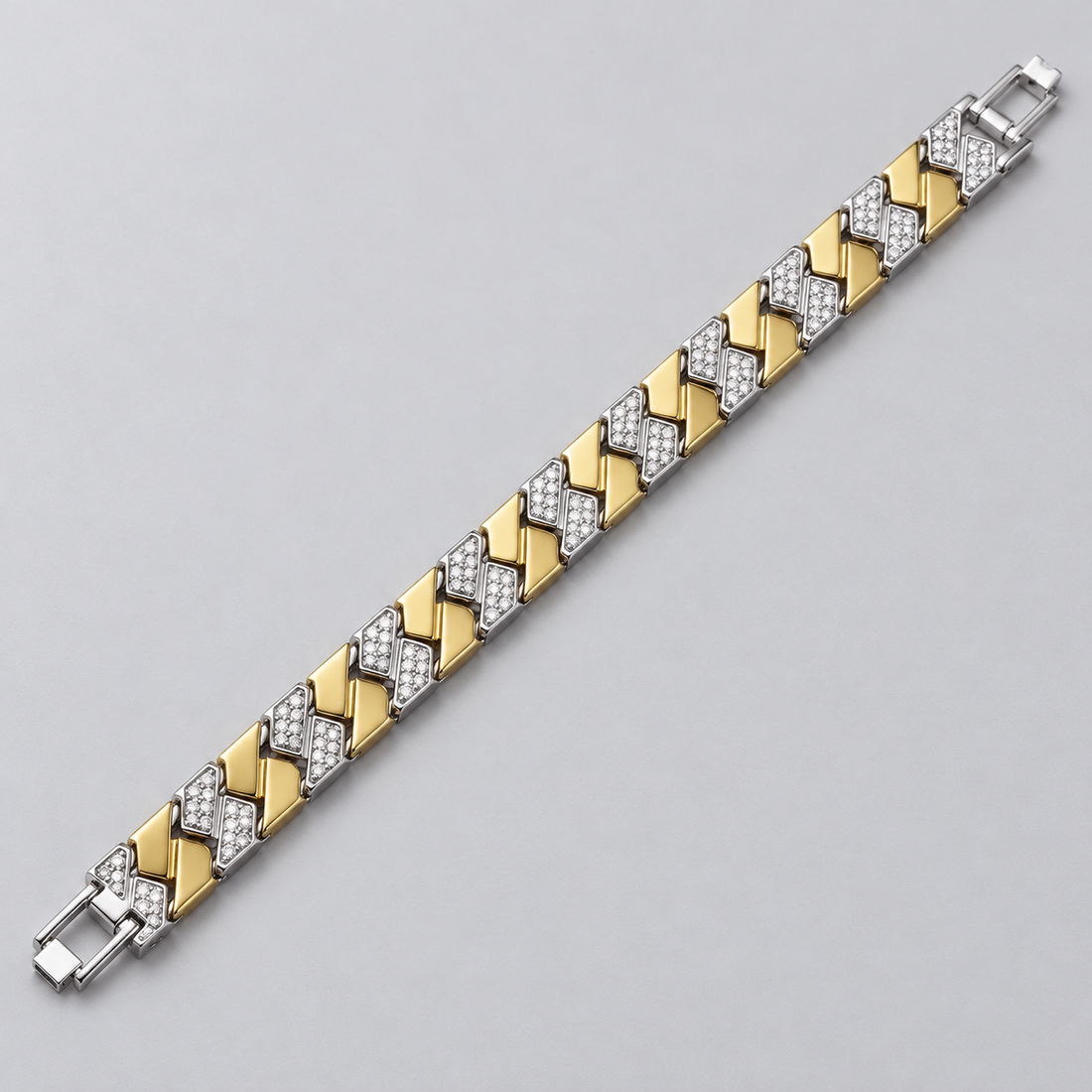 Two-Tone Yellow Gold and Silver-Tone Geometric Pavé Link Bracelet