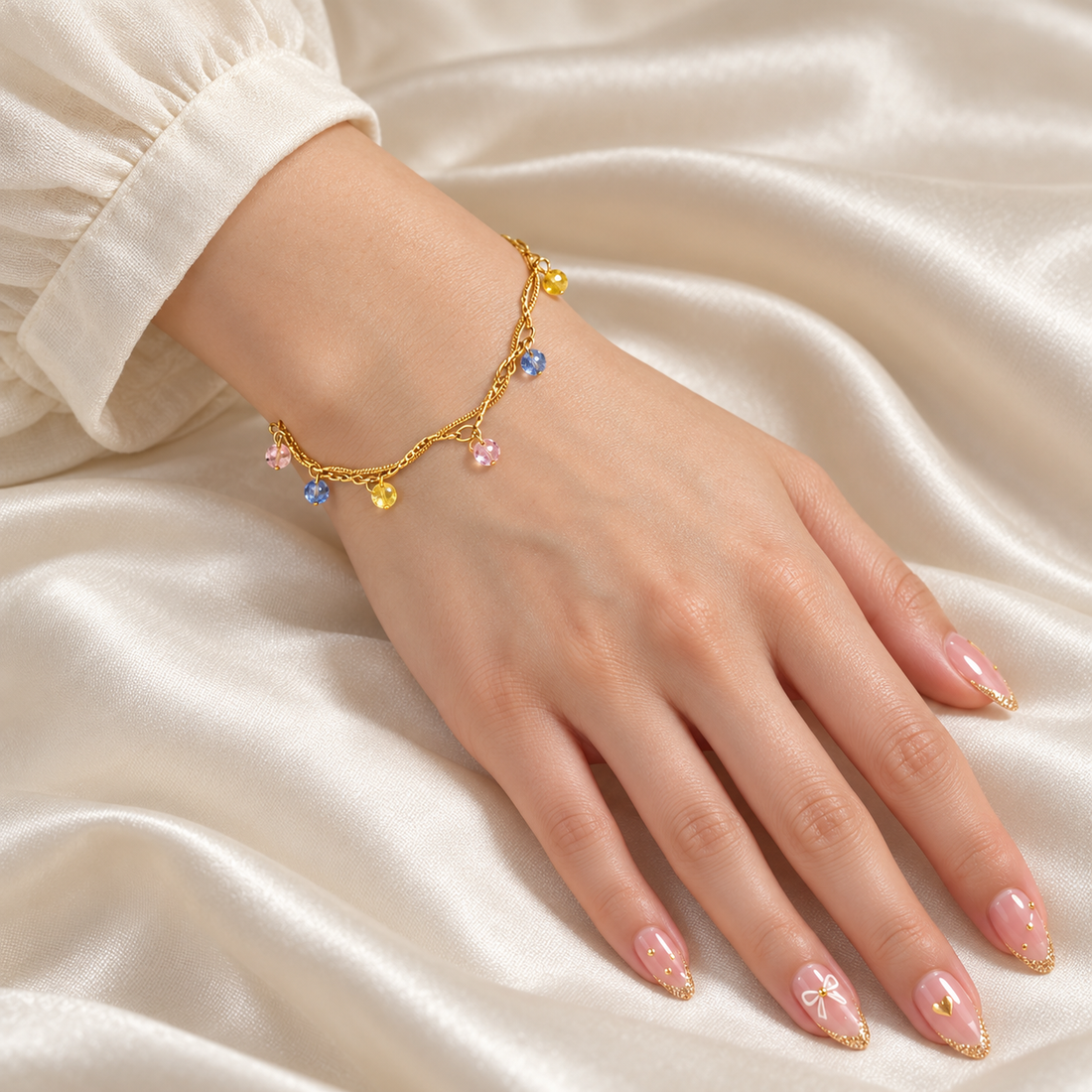 Yellow Gold-Tone Twisted Chain Bracelet with Multicolor Bead Charms