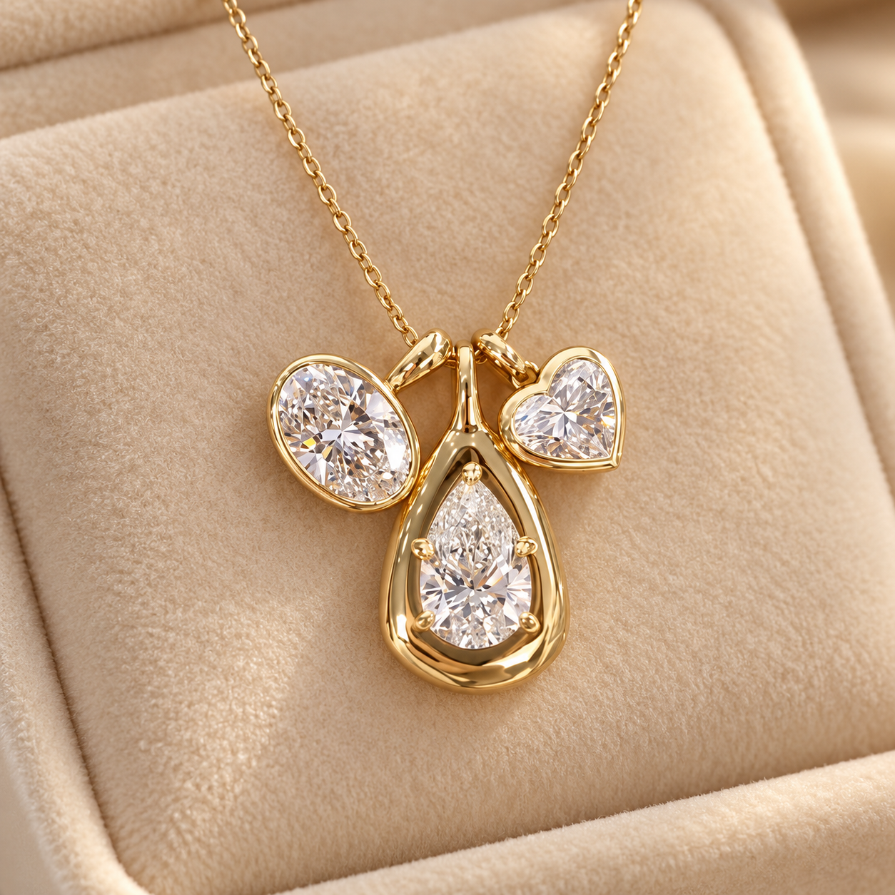 Pear Round & Heart Cut Three Stone Yellow Gold Pendant Necklace