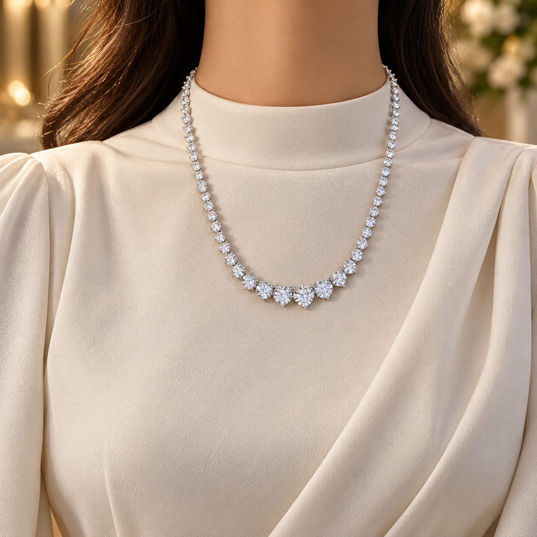 Graduated Heart & Round Cut White Gold Tennis Necklace