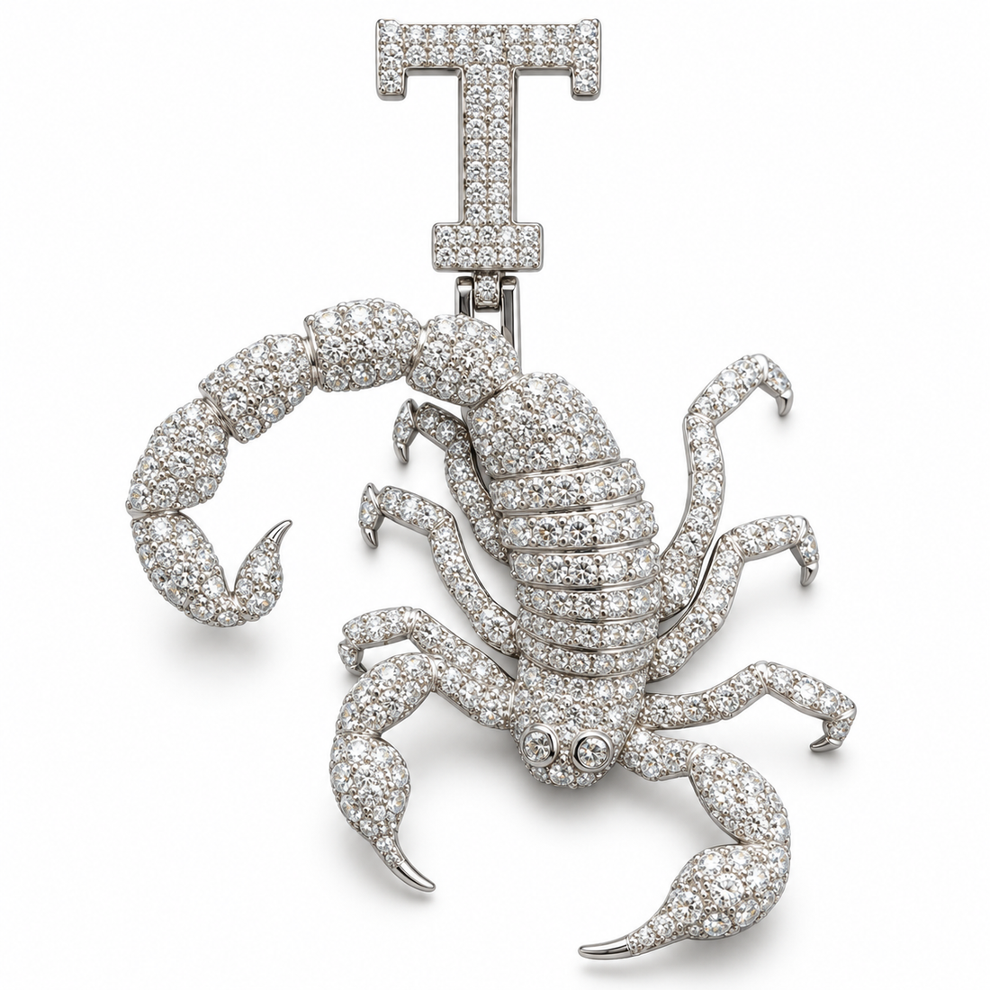 Scorpion White Metal-Tone Pavé Pendant with Curled Tail and T Initial Bail