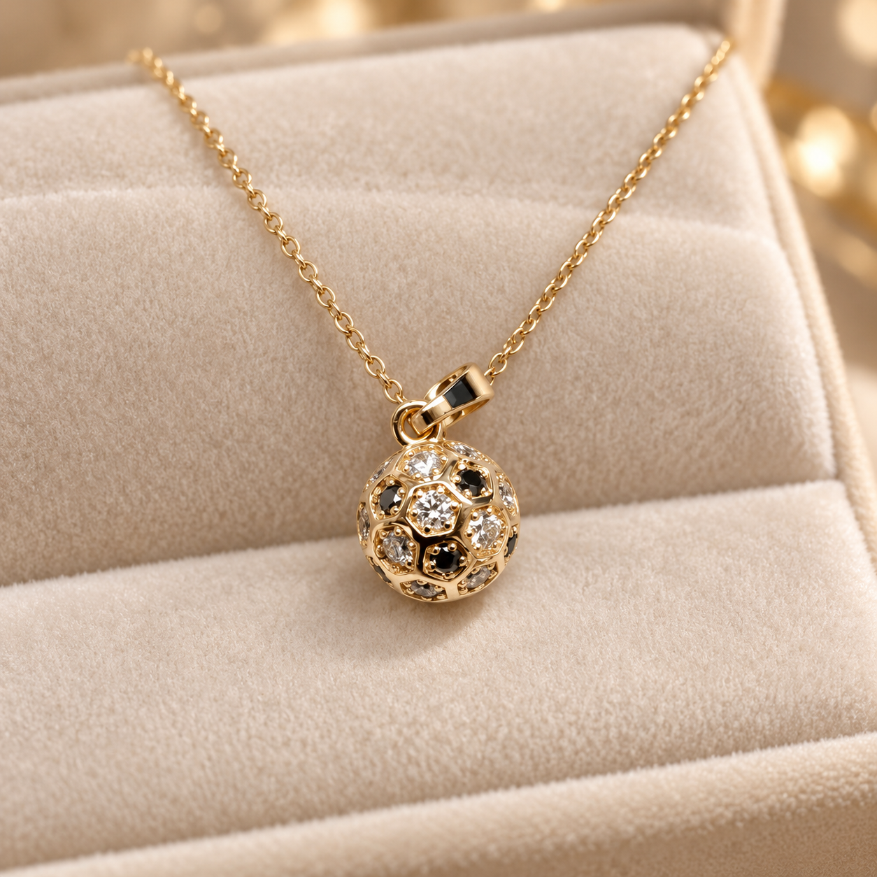 Black & White Stone Soccer Ball Yellow Gold Pendant Necklace
