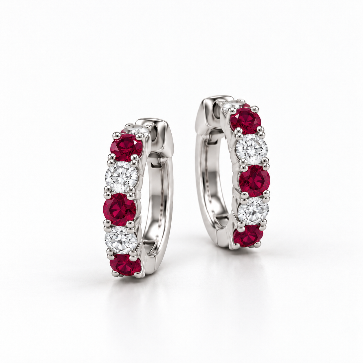 Red & White Round Stone Hoop Earrings in White Gold Tone