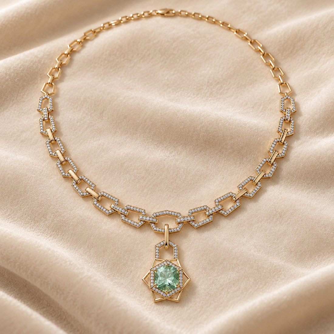 Mint Green Geometric Halo Pendant Necklace in Yellow Gold Tone
