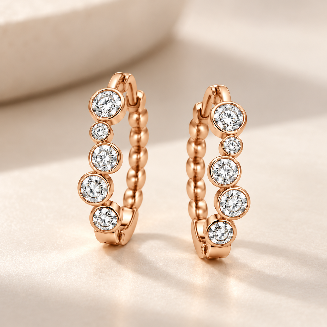 Round Bezel-Set Bubble Hoop Earrings in Rose Gold Tone